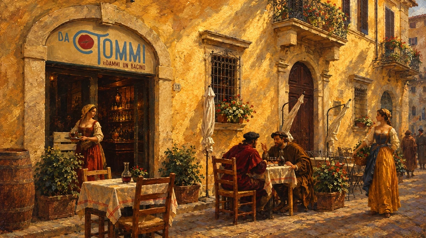 Dipinto a olio della trattoria: insegna Da Tommi – Ridammi un bacino, tavoli all’aperto e cameriere in una via toscana al sole